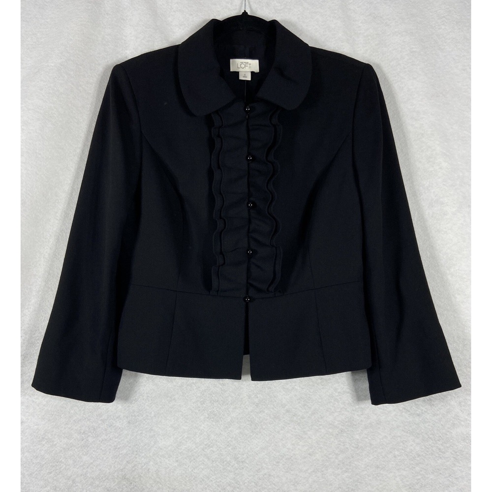 Ann Taylor Loft Jacket Women's 8 Black Blazer Ruffle Long Sleeve 100% Wool New